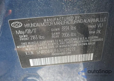 2018 Hyundai Elantra Sel z USA, uszkodzony, nr VIN 5NPD84LF6JH228221